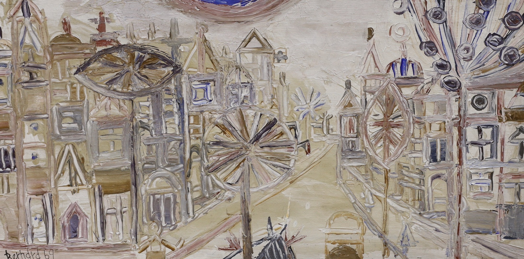 Bernard 1969, oil on canvas, Stylised street scene, signed and dated '69, 38 x 76cm, unframed